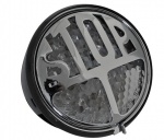 255-058 LED-Rücklicht STOP, transparentes Glas, schwarzes Metallgehäuse, STOP Emblem chrom, mit Nummernschildbeleuchtung, E-gepr